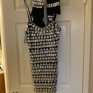 Black and White Bodycon Mini Dress with Spaghetti Straps